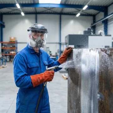 Professional wet abrasive blasting equipment in operation on industrial metal surface