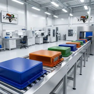 Professional dielectric powder coating being applied to electric vehicle battery housing components