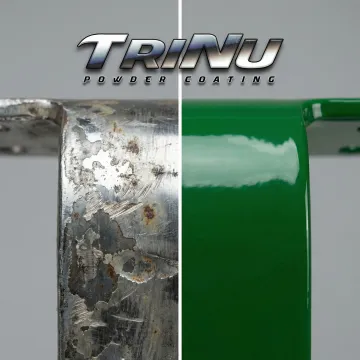 Before and after comparison of powder coating surface repair on metal component