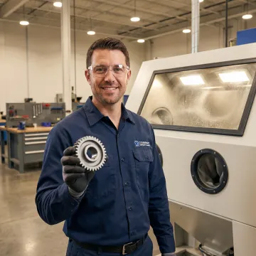 Professional bead blasting equipment preparing metal surface in Tampa Bay facility