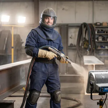 Professional sandblasting equipment preparing metal surface in Pasco County