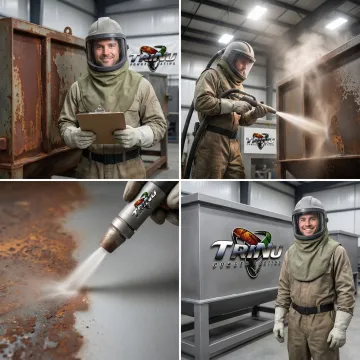 Step-by-step sandblasting process showing surface preparation stages