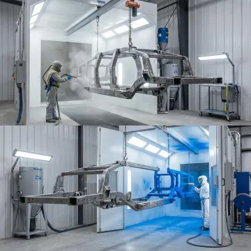 4x4 vehicle parts going through powder coating process stages