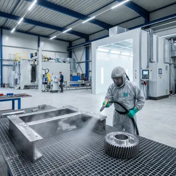 Industrial metal surface being prepared with abrasive blasting equipment in professional coating facility