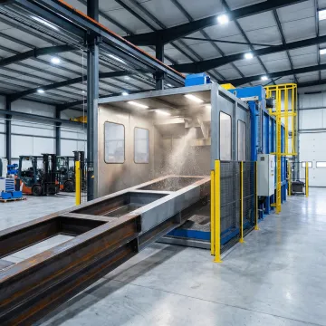 Industrial steel shot blasting equipment processing metal components in professional facility