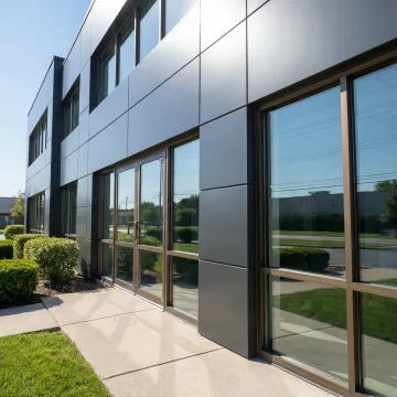 Professional architectural powder coating application on metal building facade