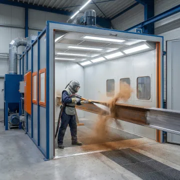 Professional abrasive blasting equipment preparing metal surface for powder coating