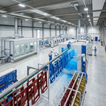 Professional metal finishing equipment preparing custom fabricated components with industrial coating systems