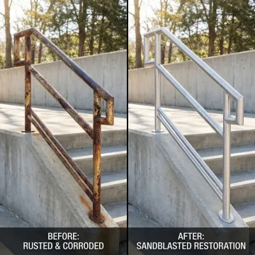 Close-up of metal surface being sandblasted showing clean prepared finish