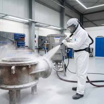 Professional soda blasting technician restoring metal surface in Tampa Bay workshop