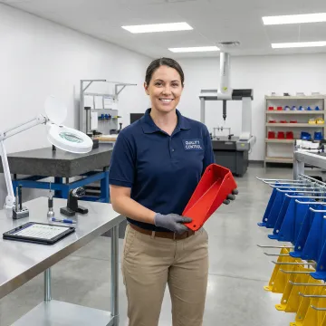 Technician inspecting powder coated metal parts for quality assurance in professional coating facility