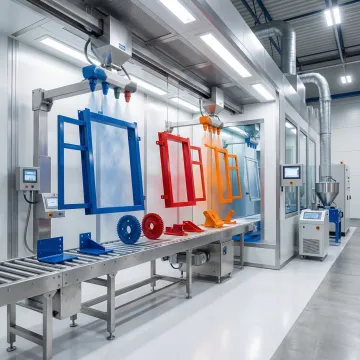 Professional powder coating facility with industrial parts being coated