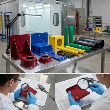 Finished commercial metal components with professional powder coating in various colors