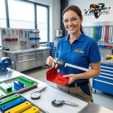 Technician inspecting powder coated metal parts with quality control equipment