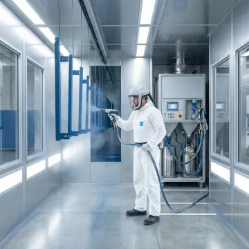 Professional powder coating application on metal components in modern facility