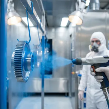 Close-up of powder coating application on industrial metal part