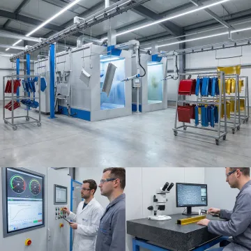 Industrial metal components undergoing professional powder coating application in certified facility