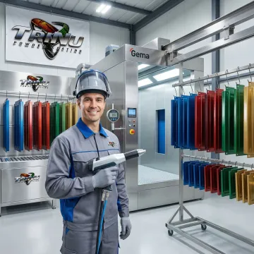 Technician applying powder coating to precision-manufactured metal components