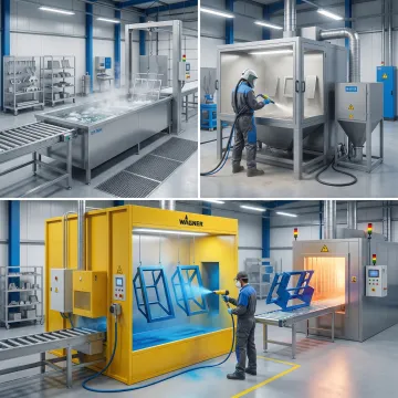 High-temperature powder coating process showing industrial component preparation and application