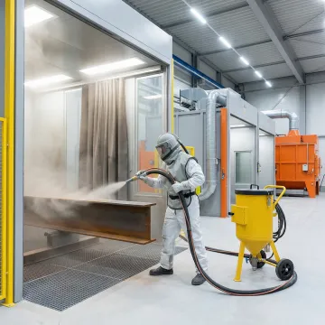 Industrial sandblasting equipment preparing metal surface in professional facility