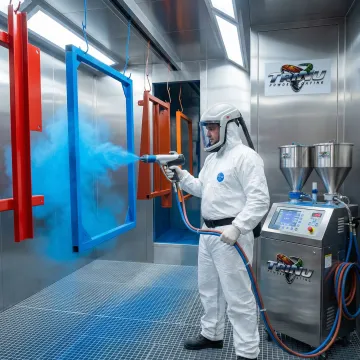 Professional powder coating application on metal components in Hillsborough County facility