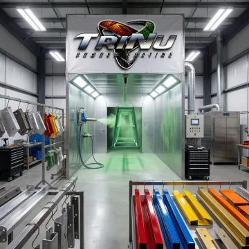 Professional metal finishing facility with powder coating equipment and finished metal components