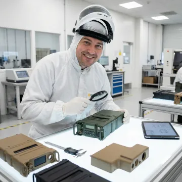 Defense contractor inspecting powder coated military components