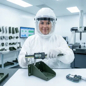 Quality control inspector examining powder coated government contract parts with precision measurement tools