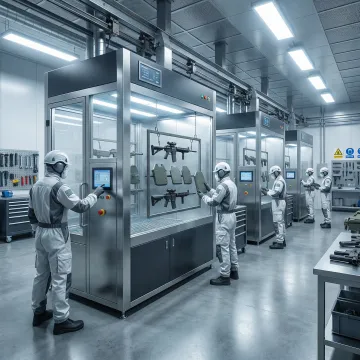 Industrial powder coating facility with metal components being prepared for government contract work