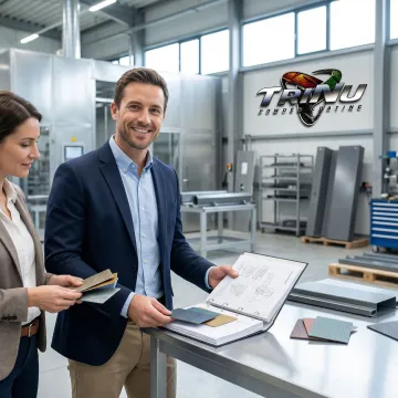 Powder coating consultant reviewing technical specifications with client