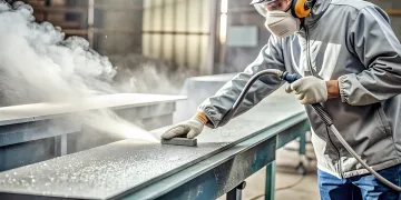 Professional sandblasting equipment preparing metal surface for powder coating