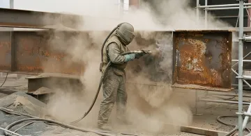 Industrial steel shot blasting equipment processing metal components in professional facility