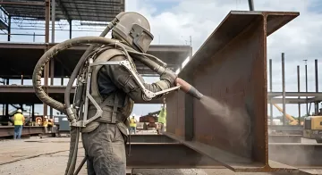 Close-up of steel surface after shot blasting showing uniform texture profile