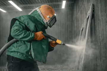 Industrial blast cleaning equipment preparing metal surface for coating application