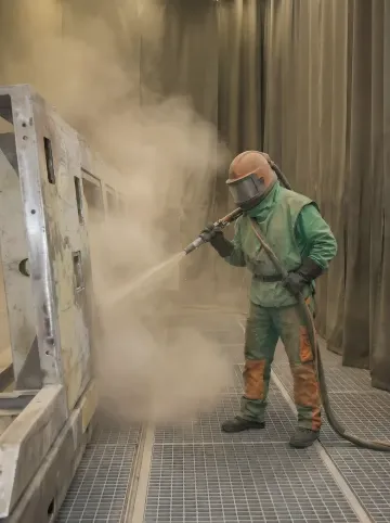 Professional sandblasting technician preparing metal surface in St. Petersburg facility