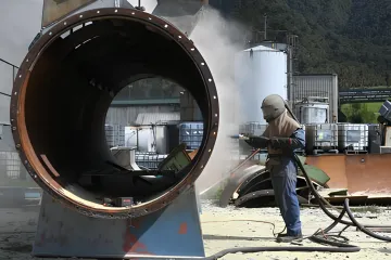 Industrial blasting equipment preparing metal surface in Tampa Bay facility