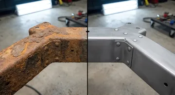 Before and after comparison of abrasive blasted metal showing rust removal and clean surface finish