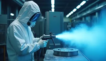High-temperature powder coating process showing industrial component preparation and application