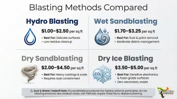 Four sandblasting methods compared by cost per square foot and best use cases