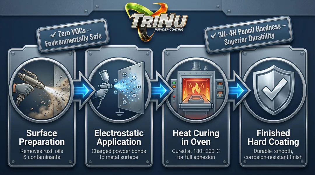 Powder coating electrostatic application and heat curing process steps infographic