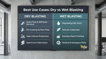 Dry blasting versus wet blasting best use cases side-by-side comparison infographic
