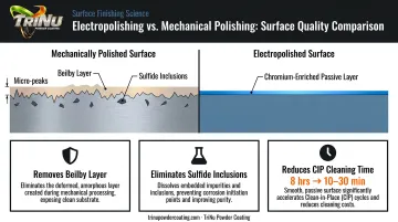 Electropolishing process benefits infographic showing surface transformation and CIP cleaning time reduction