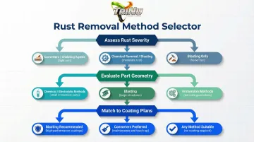 Three-factor rust removal method selection decision hierarchy flowchart for industrial steel