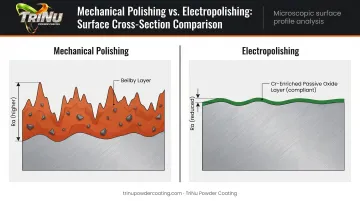 Mechanical polishing versus electropolishing surface condition cross-section comparison infographic