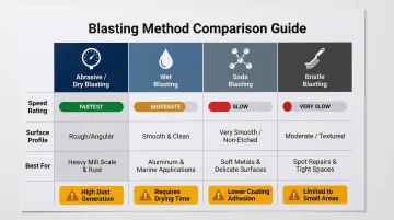 Four deep corrosion blasting methods comparison showing speed finish cost and best use
