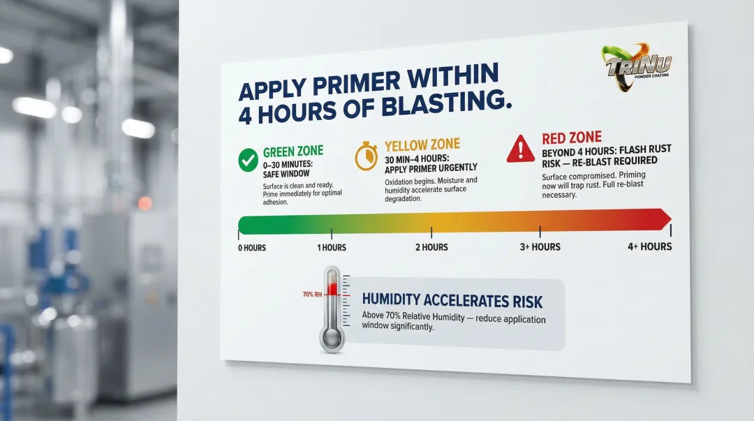 Post-blast coating application timing window showing flash rust risk by humidity level
