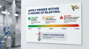 Post-blast coating application timing window showing flash rust risk by humidity level
