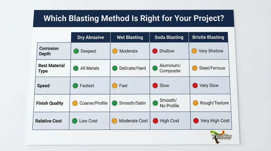 Quick-reference blasting method selection matrix by corrosion depth substrate and environment
