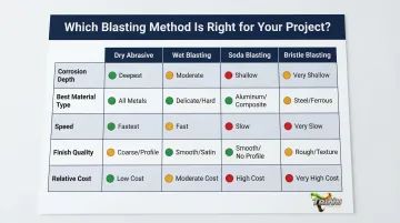 Quick-reference blasting method selection matrix by corrosion depth substrate and environment