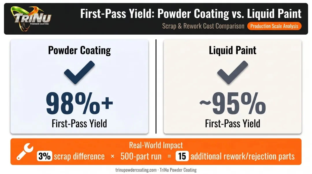 Powder coating versus liquid paint first-pass yield and scrap rate comparison infographic